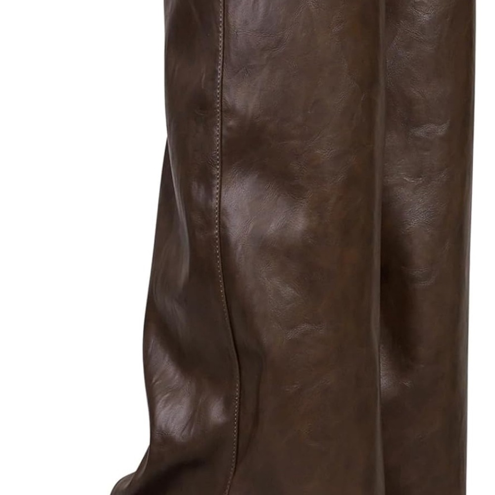 Fold Over Knee High Wide Calf Chunky Heel Long Boots Pointed Toe - Picture 2 of 6